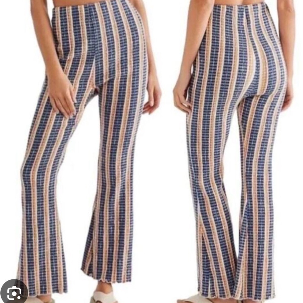 FREE‎ PEOPLE Fine Line Slim High Waist Flare Striped Textured Boho Pants XS